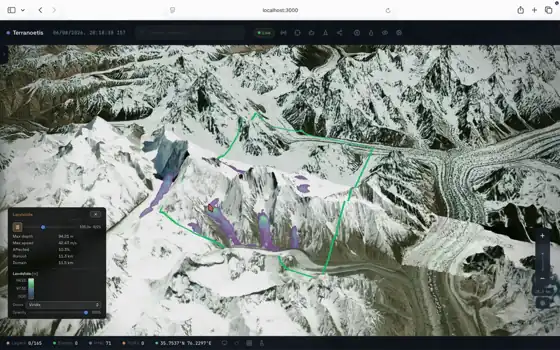 Landslide debris-flow simulation over real topography, depth field animated in time steps (animated)