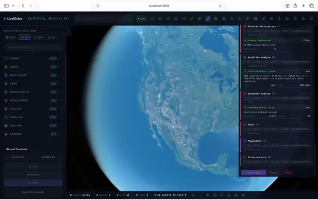 Multi-hazard risk surfaces fused from live seismic, fire, storm and flood data rendered on the 3D globe (animated)