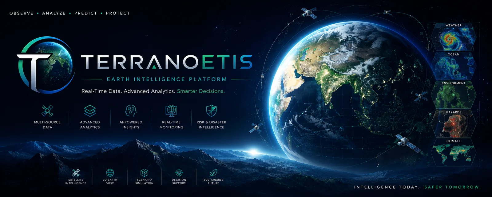 Terranoetis globe interface showing live data layers and analysis panels over a 3D Earth