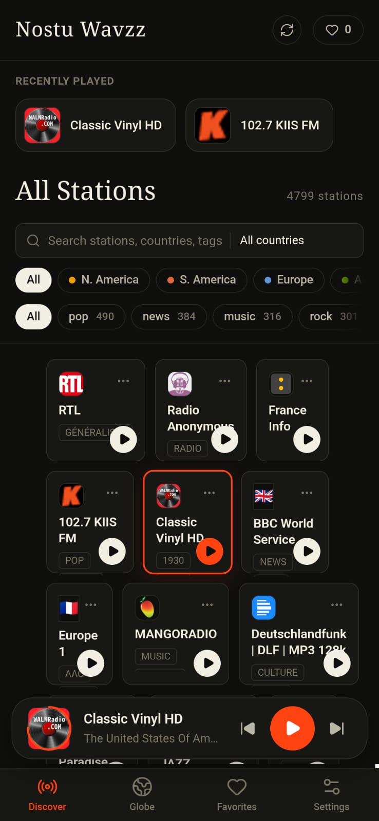 Nostu Wavzz home screen with station grid, search, and filters