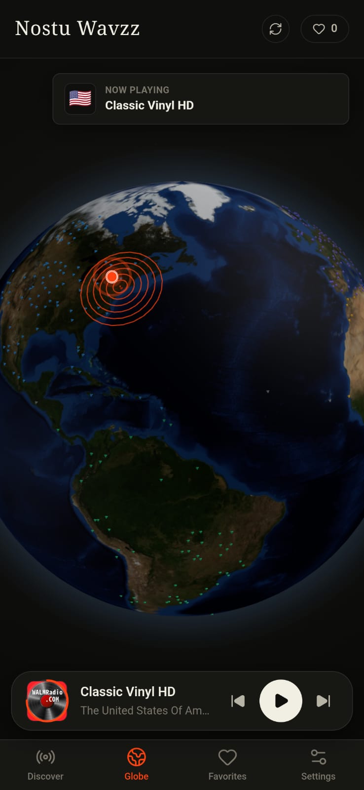 Nostu Wavzz 3D globe view with station markers