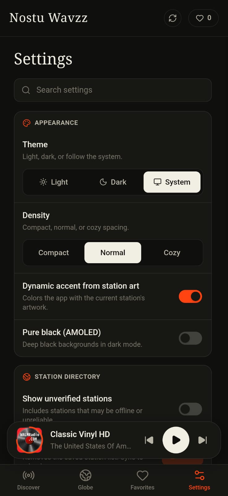 Nostu Wavzz settings screen with theme and density options