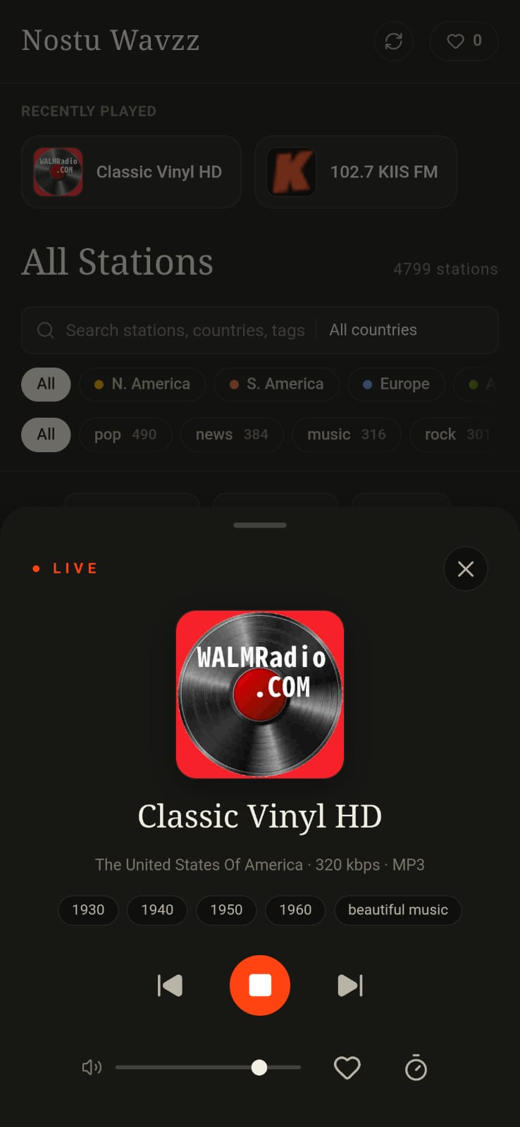Nostu Wavzz expanded player with artwork and controls